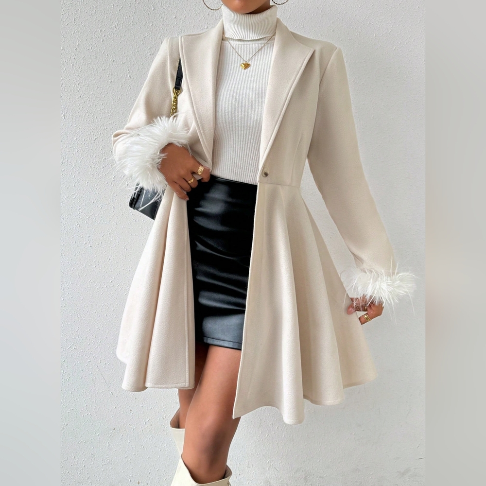 Solid Color Coat With Fringed Cuff And Single Button Closure - Picture 2 of 6